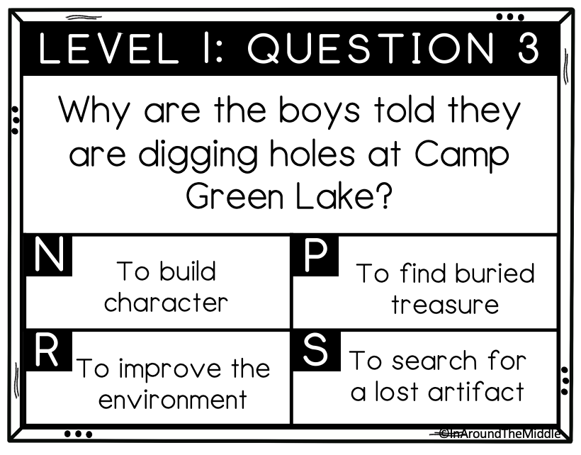Image is of an escape room comprehension card from the novel Holes by Louis Sachar. In a Blog post by In Around the Middle @aroundthemiddle.com